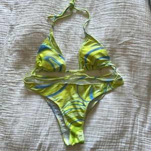 Shein Green and Blue Swirl Bikini Set and Skirt.